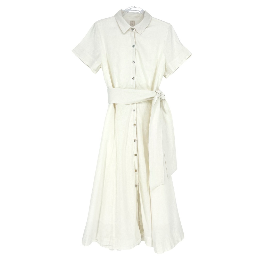 Joie Shirt Dress Womens Medium White Linen Blend Belted Midi Pockets Minimalist